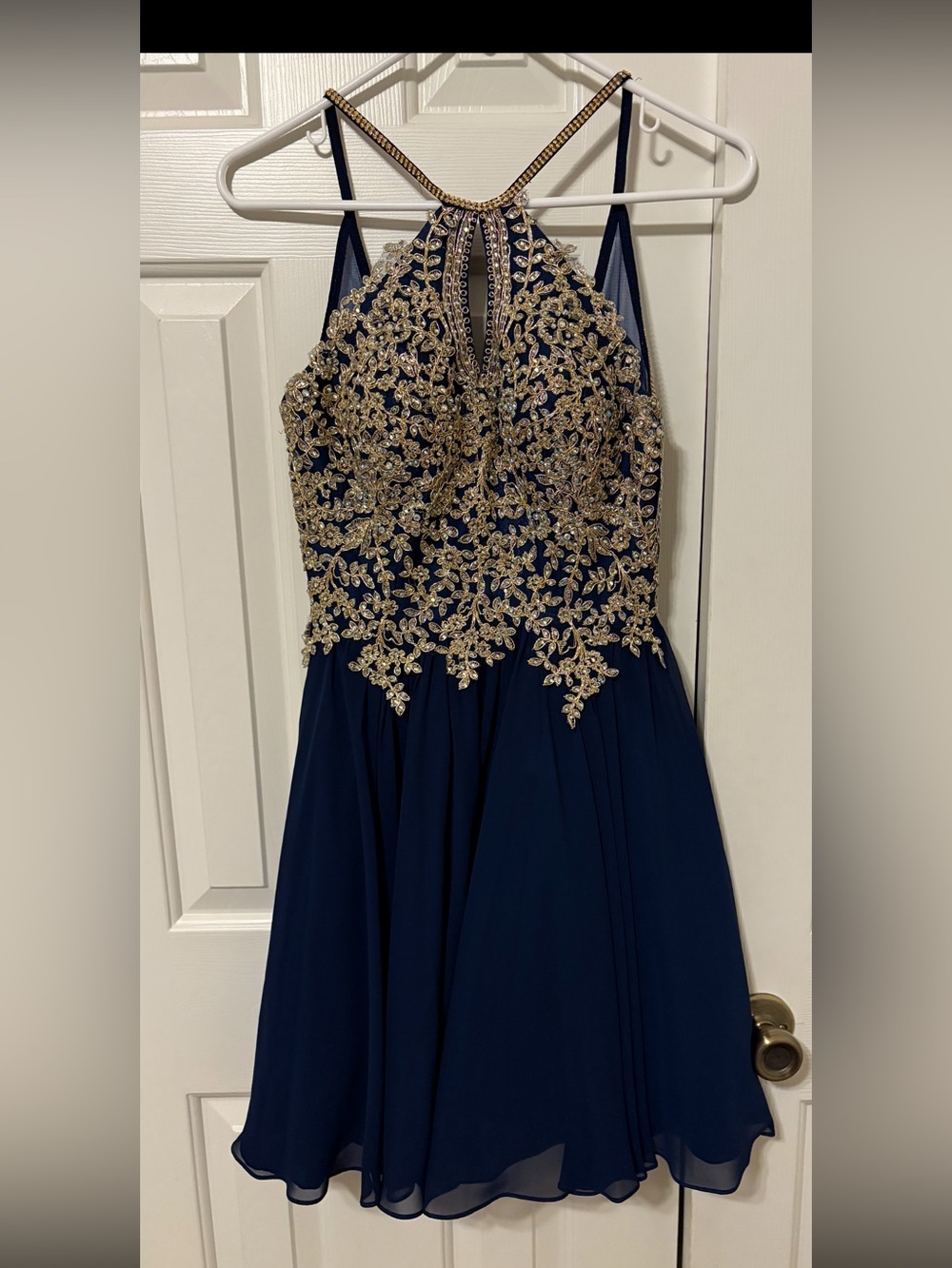 Anny Lee Navy Dress with Gold Beaded Bodice